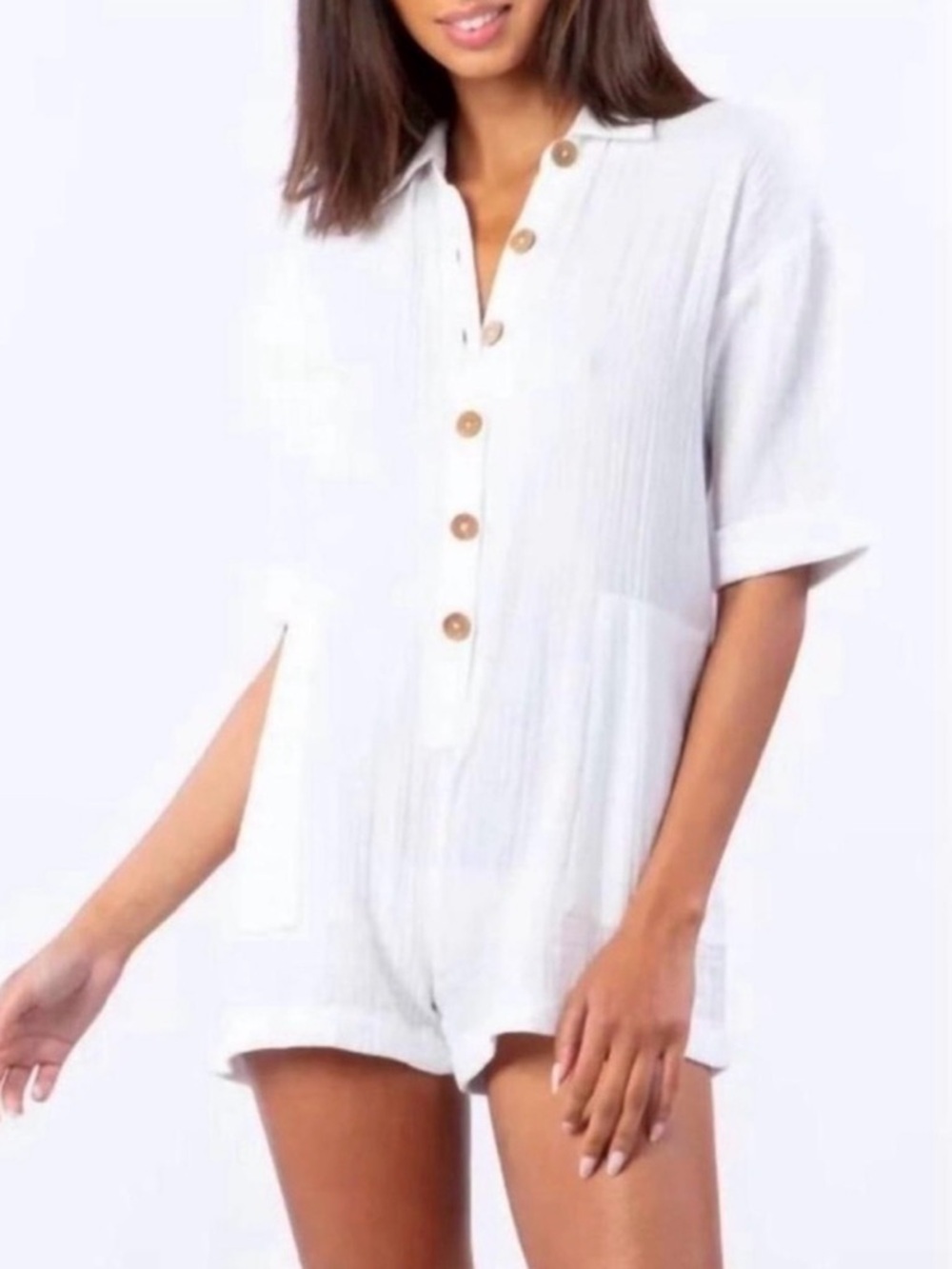 Rip Curl White Cotton Gauze Romper Cover Up Size M Button Front Beach